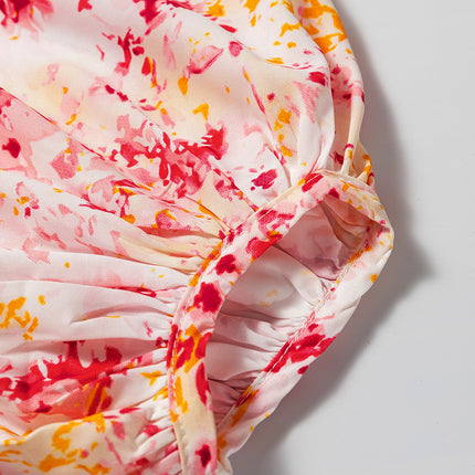 Pink Ditsy Floral Bubble Sleeve V Neck Blouse