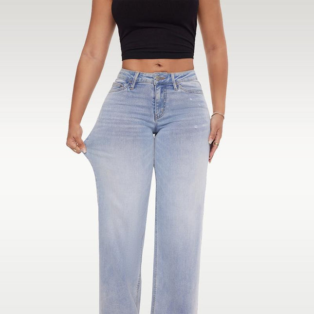 Mid-to-low-rise High-elasticity Soft Hip-lifting Wide-leg Straight Denim Jeans