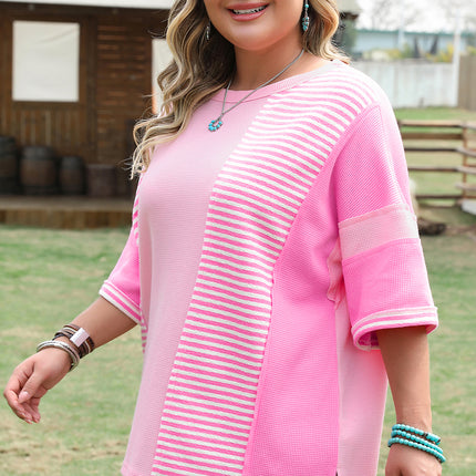 Pink Stripe Patchwork Colorblock Plus Size T Shirt