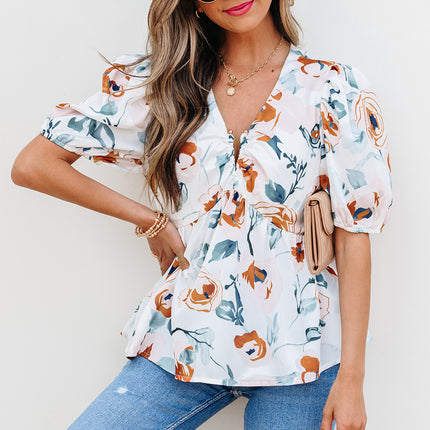 Green Floral Print Puff Sleeve V Neck Babydoll Blouse