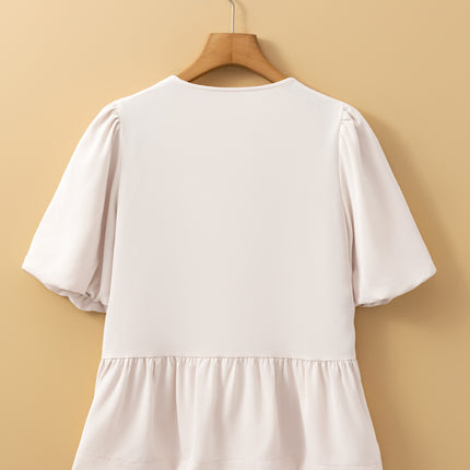 White Bow Tie Short Puff Sleeve Ruffle Hem Blouse