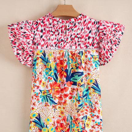 Red Floral Mixed Print Ruffle Cap Sleeve Blouse