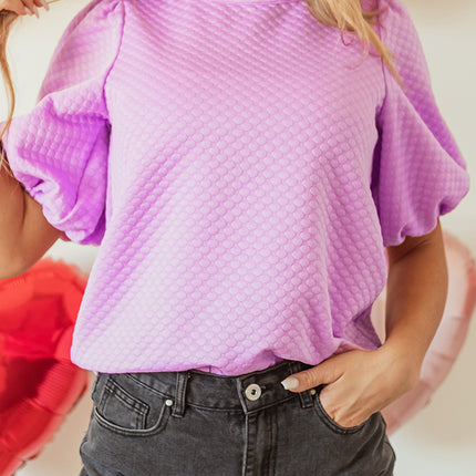 Phalaenopsis Solid Textured O Neck Puff Sleeve Blouse