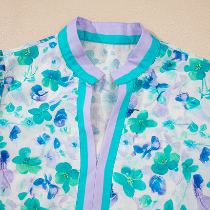 Green Floral Print Striped Trim Split V Neck Puff Short Sleeve Blouse