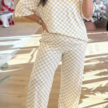 Khaki Plus Size Checkered Print Half Sleeve Tee Loose Pants Two-piece Lounge Set