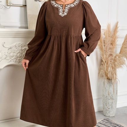 Coffee Embroidered Notched Neckline Textured Pleated High Waist Plus Size Midi Dress