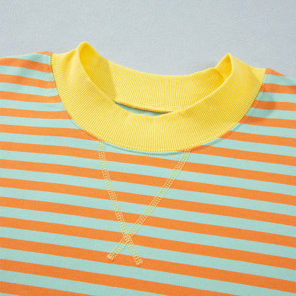 Orange Stripe High Neck Striped Colorblock Tunic Plus Size Sweatshirt
