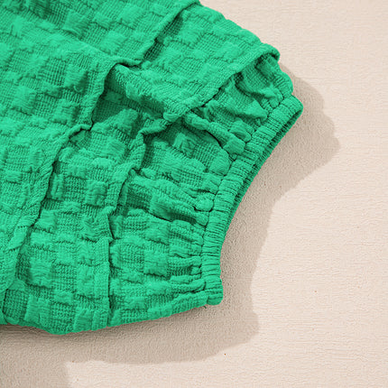 Bright Green Textured Puff Short Sleeve Notched V Neck Top