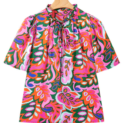 Rose Summer Plant Print Lace up V Neck Short Sleeve Blouse