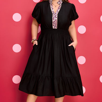 Black Leopard V Neck Patchwork Smocked Waist Plus Size Ruffled Dress