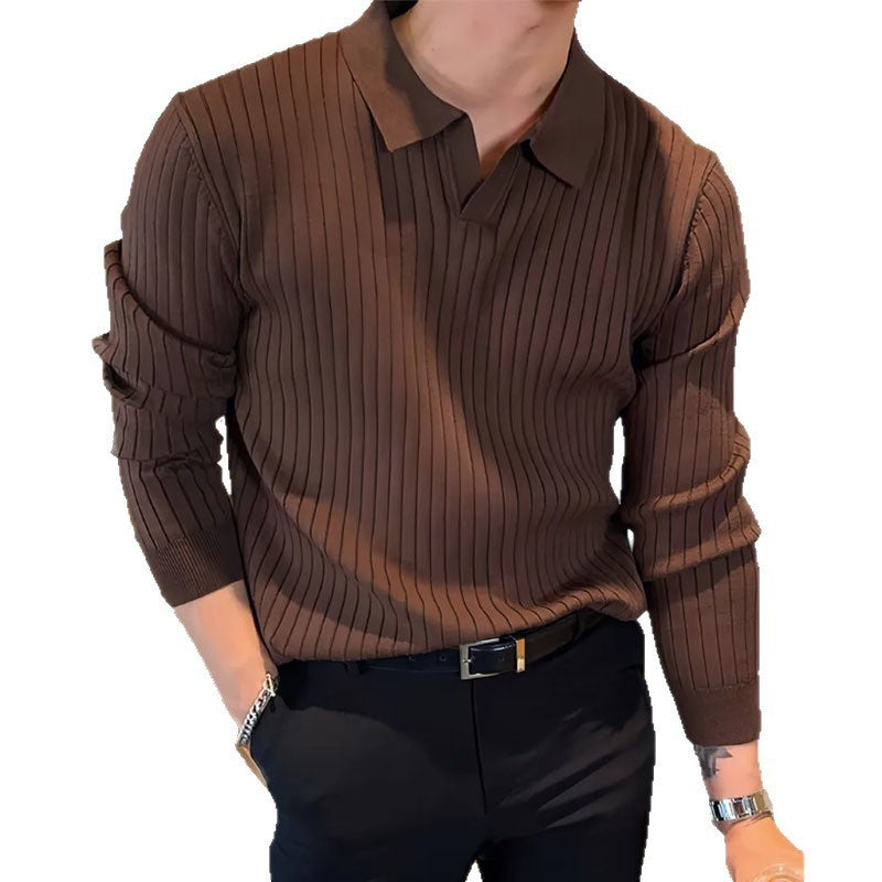 New Men's Lapel Knitted Long-sleeved T-shirt