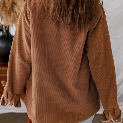 Cinnamon Fleece Lined Buttoned Flap Pockets Corduroy Jacket