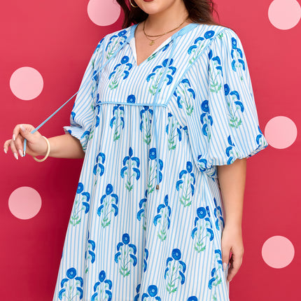 Sky Blue Floral Striped Bubble Short Sleeve Plus Size Dress