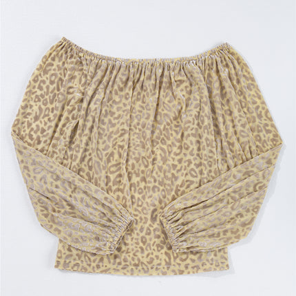 Beige Leopard Velvet Burnout Off Shoulder Long Sleeve Blouse