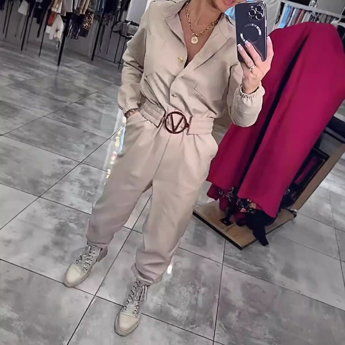 Waist-controlled Long Sleeves Casual Shirt Jumpsuit For Women