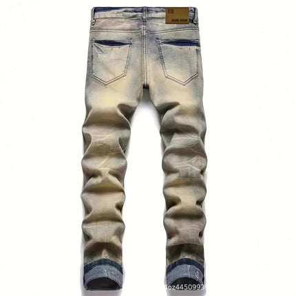 Slim-fit Stretch Ripped Embroidered Vintage Patch Jeans