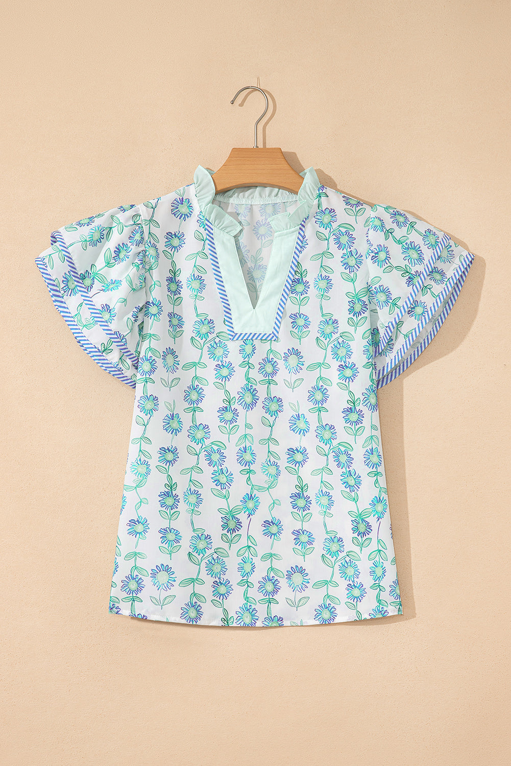 Green Floral Print Striped Detail Contrast V Neck Patchwork Flutter Sleeve Blouse