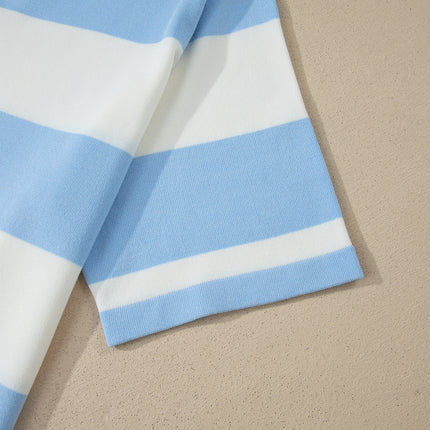 Sky Blue Stripe Colorblock Plus Size Short Sleeve Sweater