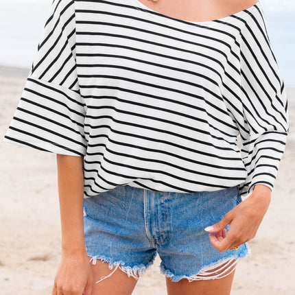 Black Stripe Half Sleeve Scoop Neck Loose Top