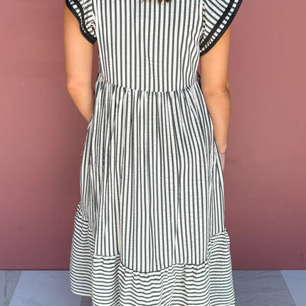 Brown Stripe Plus Size Slit V Neck Tiered Flutter Sleeve Maxi Dress