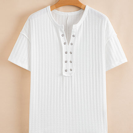 White Textured Hollow Grommet Placket Split Neck Short Sleeve Top