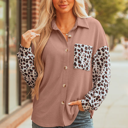 Dark Khaki Leopard Patched Twisted Ribbed Western Casual Shacket