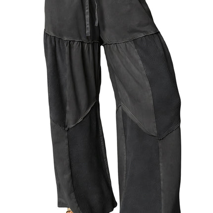 Black Plus Size Mineral Wash Exposed Seam Patchwork Drawstring Loose Pants