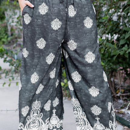 Black Plus Size Geometric Ethnic Print Drawstring Wide Leg Pants