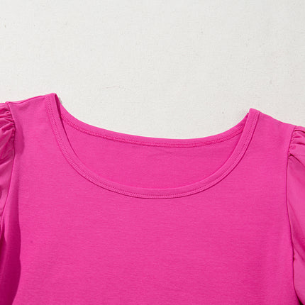Strawberry Pink Casual Round Neck Bubble Sleeve T-shirt