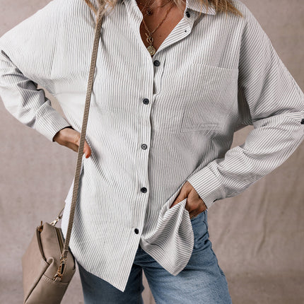 DEAR-LOVER Stripe Roll-tab Sleeve Pocketed Long Shirt