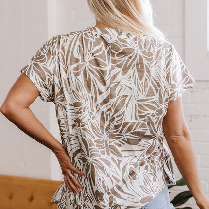 Khaki Floral Print V Neck Short Sleeve Loose Fit Blouse