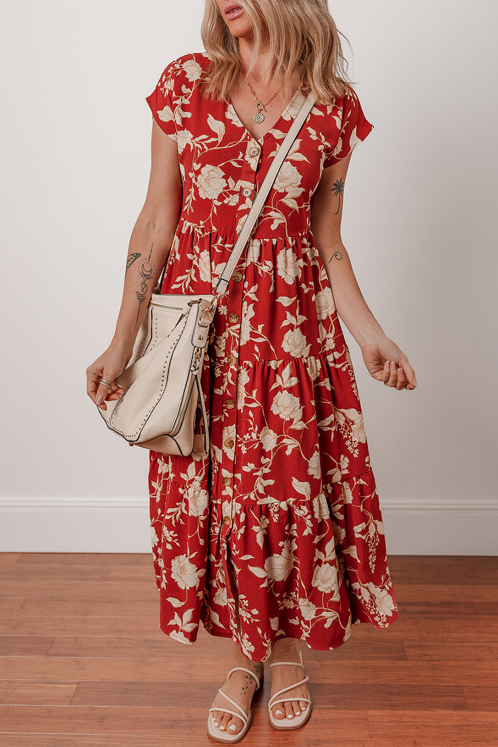 Red Floral Print Buttoned Front V Neck Tiered Short Sleeve Midi Dress
