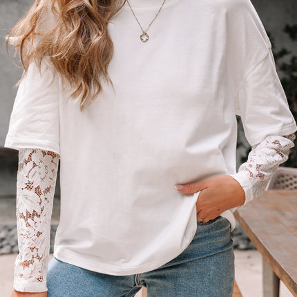 White Lace Long Sleeve Insert Drop Shoulder Tee