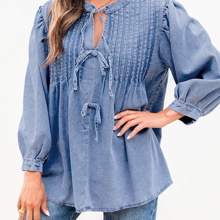 Myosotis Denim Front Pintuck Bow Tie Puff Sleeve Top
