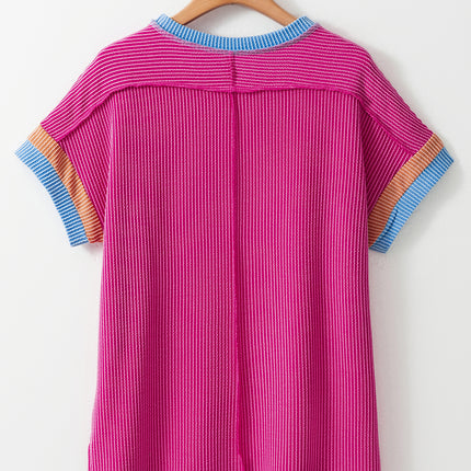 Bright Pink Textured Contrast Trim Round Neck T Shirt