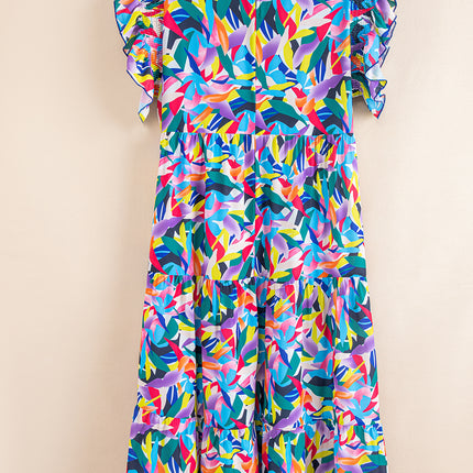 Blue Geometric Print Ruffled Short Sleeve Plus Size Tiered Maxi Dress