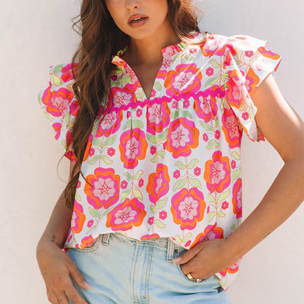 Rose Floral Ruffled Sleeve Ric-rac Trim Split Neck Loose Blouse