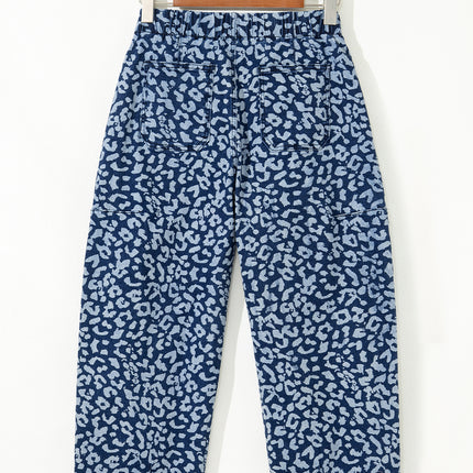 Blue Leopard Printed Drawstring Elastic Waistband Pocketed Wide Leg Jeans