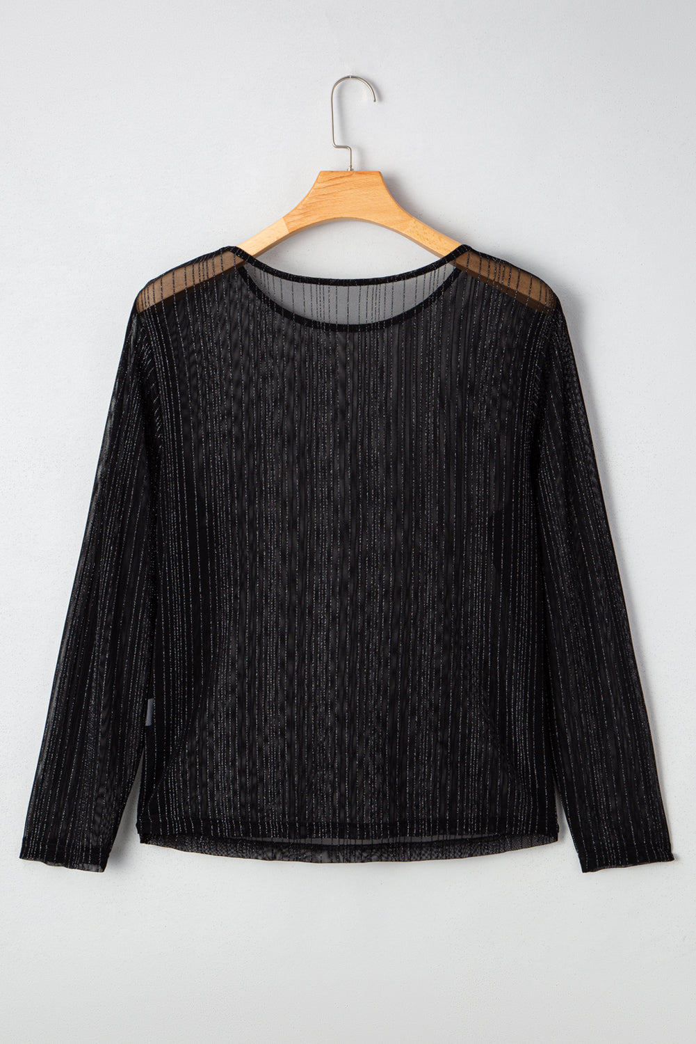 Black Plus Size Shimmer Textured Mesh Fitted Long Sleeve Top
