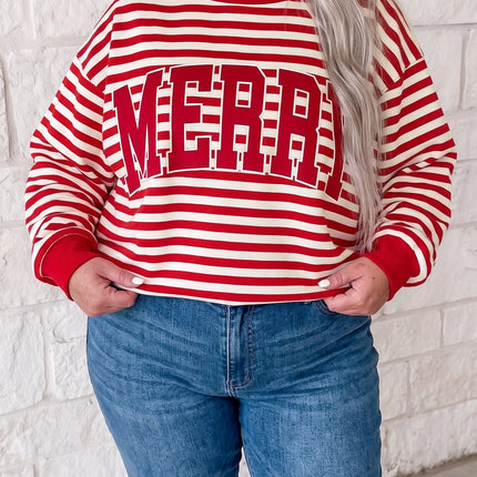 Red Stripe Plus Size MERRY Festive Letter Embroidery Patched Graphic Pullover Sweatshirt