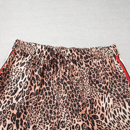 Khaki Leopard Print Colorblock Side Stripes Wide Leg Full Length Plus Size Pants