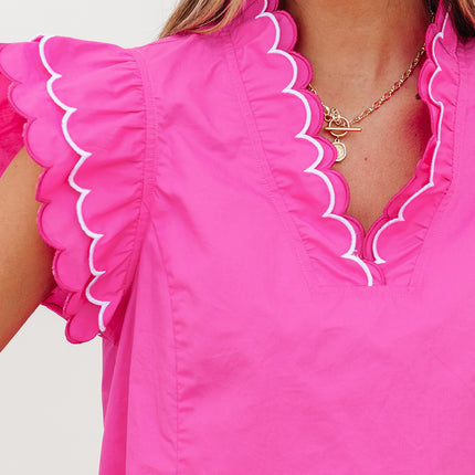 Bright Pink Contrast Scallop Trim Layered Short Sleeve V Neck Blouse