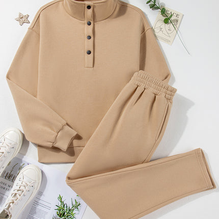 Parchment Solid Half Button Sweatshirt and High Waist Sweatpants Set
