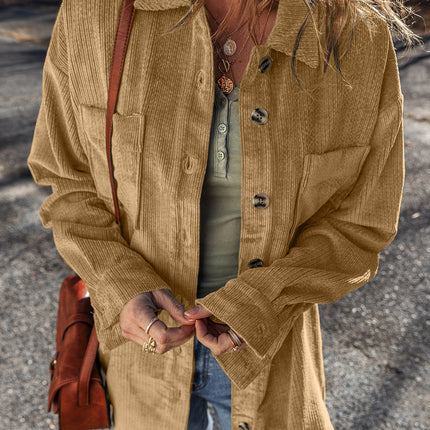 Light French Beige Patched Pocket Button Up Corduroy Shacket