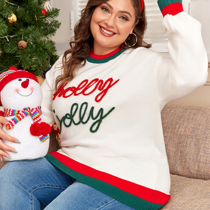 White Tinsel holly jolly Pattern Colorblock Edge Drop Shoulder Plus Size Sweater