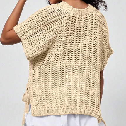 Apricot Plus Size Open Knit Bow Tie Short Sleeve Sweater