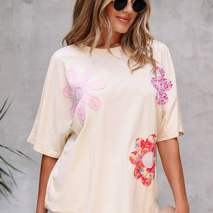 Apricot Flower Patched Exposed Stitching Trim Crew Neck Loose Tee