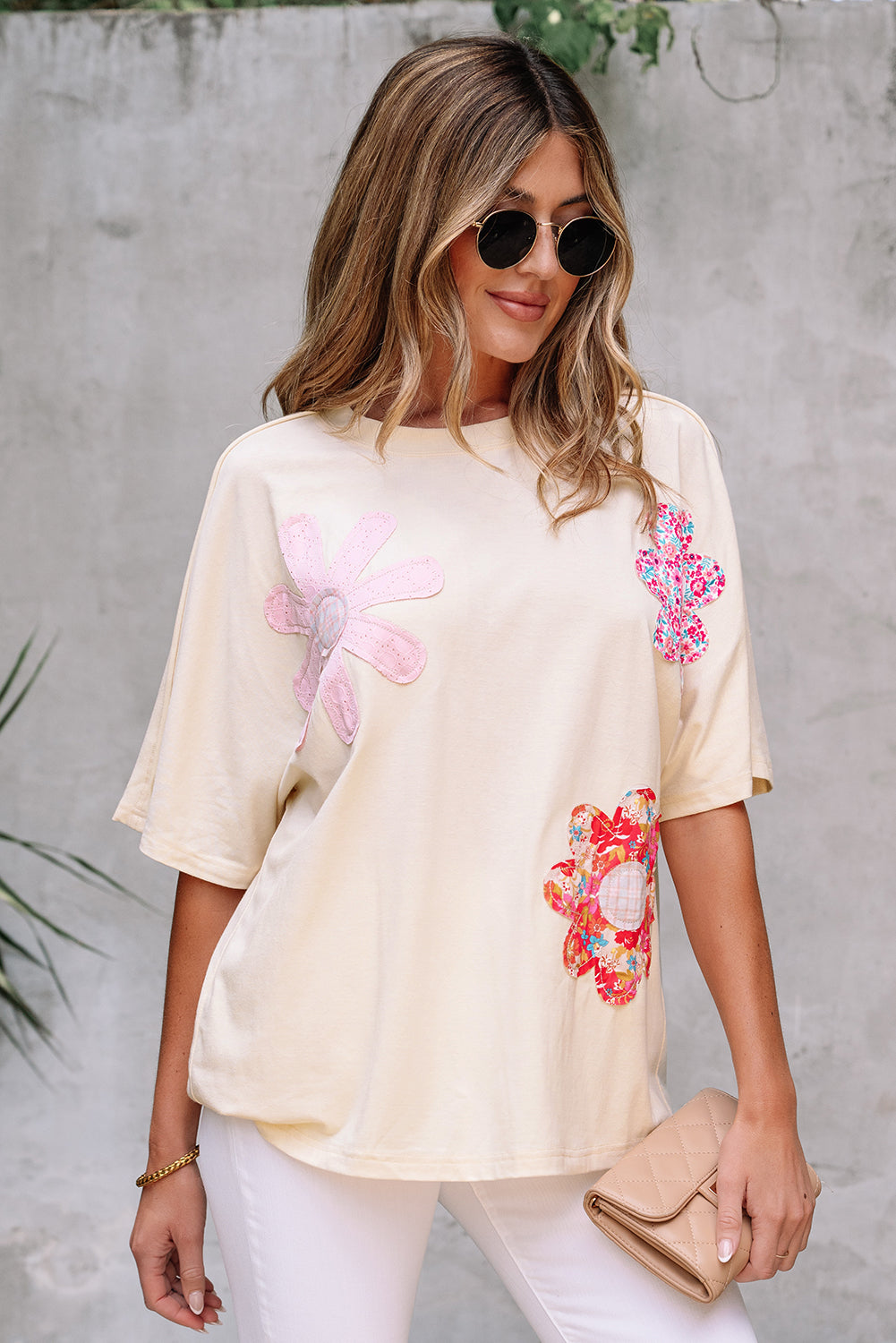Apricot Flower Patched Exposed Stitching Trim Crew Neck Loose Tee