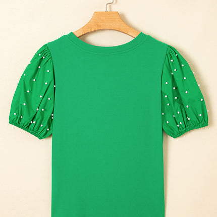 Bright Green Ribbed Pearl Beaded Puff Sleeve Top