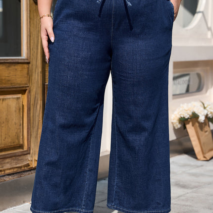 Real Teal Plus Size Drawstring High Waist Wide Leg Casual Jeans